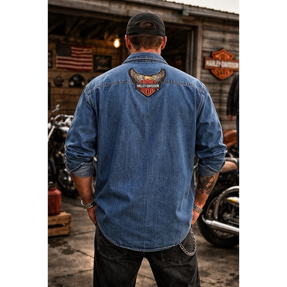 Levi's Denim Shirt Men 3XL‎ Heavyweight Western Workwear Harley Patch Distressed